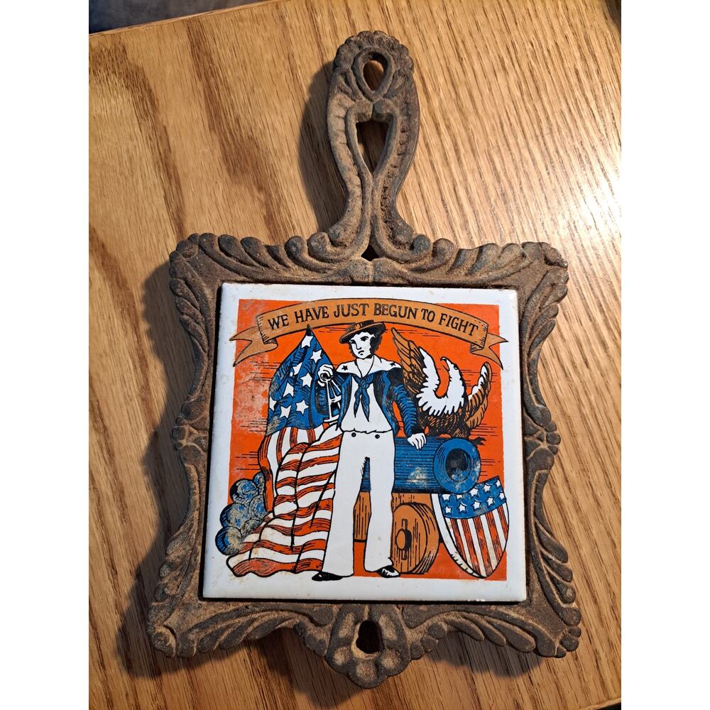 Vintage MCM Seven Star Iron and Ceramic Trivet John Paul Jones Patriotic USA